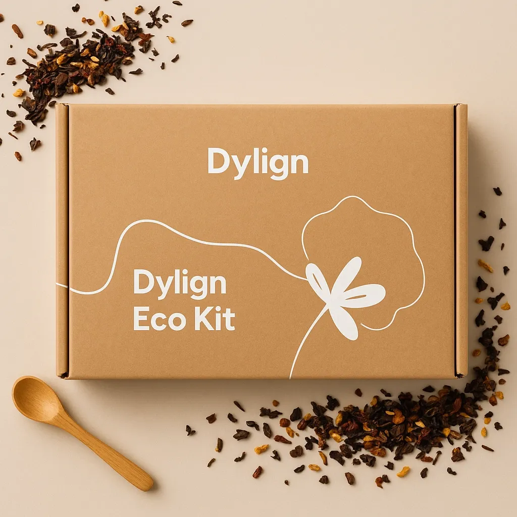 Dylign Eco Kit box with tea leaves and a wooden spoon on a beige background