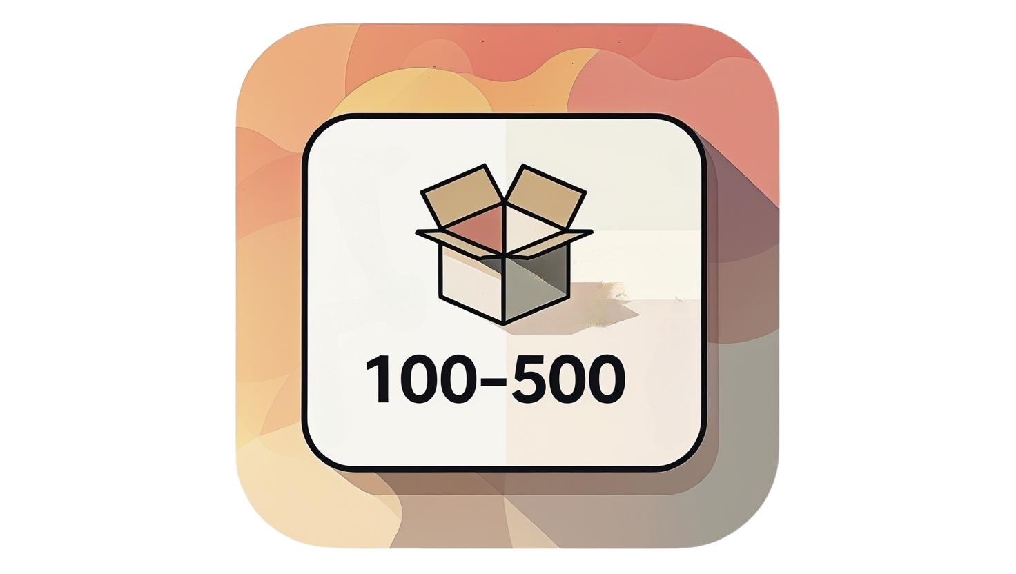 Icon with a box graphic and text '100-500' on a colorful square background